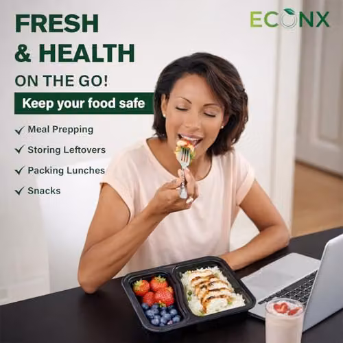 ECONX 10 Pack Black 2 Compartment Meal Prep Food Containers with Airtight Lids, 32oz Plastic Lunch Boxes – 8