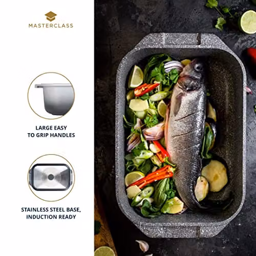 MasterClass Deep Cast Aluminium Roasting Dish with Handles, Grey, W: 41 cm, D: 26 cm, H: 6.8 cm – 4