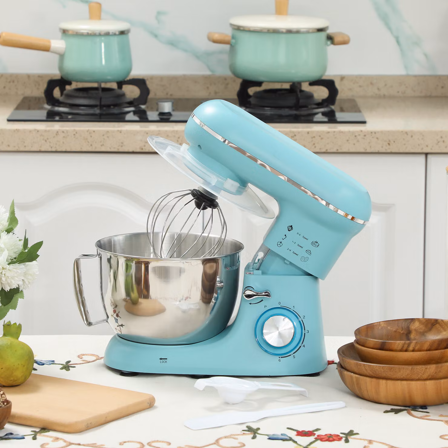HOMCOM 1300W Kitchen Stand Mixer in Blue with 4.5L Stainless Steel Bowl, Dough Hook, Whisk and Beater – 2