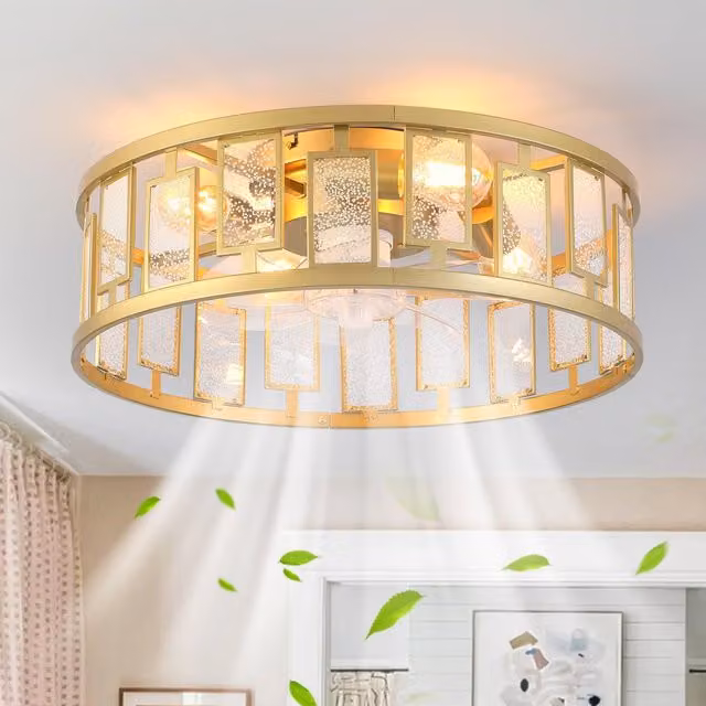 Garwarm Industrial Square 4-Light Caged Ceiling Fan in Gold/Brass