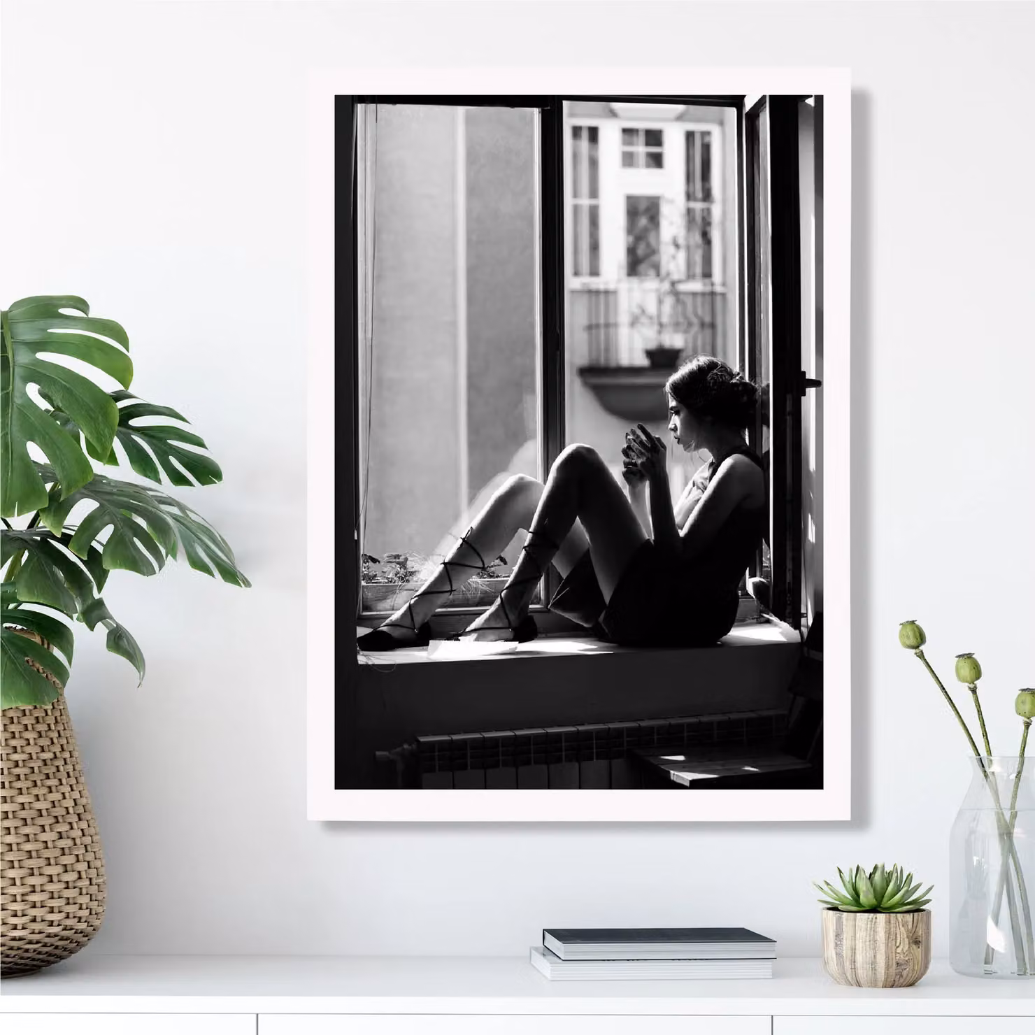 ARTZE Girl in Window Black and White Framed Photo Print with White Frame, A2 – 2