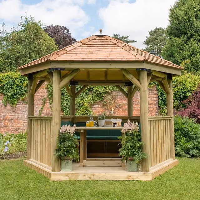 Forest Hexagonal Garden Gazebo in Green and Rustic Wood with Pine and Cedar Details, 3.6 m