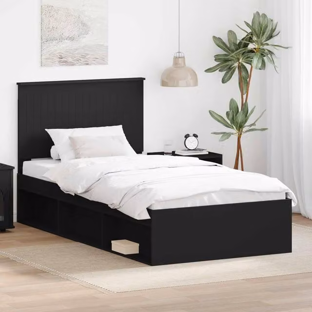 Berkfield Home Modern Bed Frame with Headboard in Black Solid Pine Wood, W/D/H: 100 x 200 cm