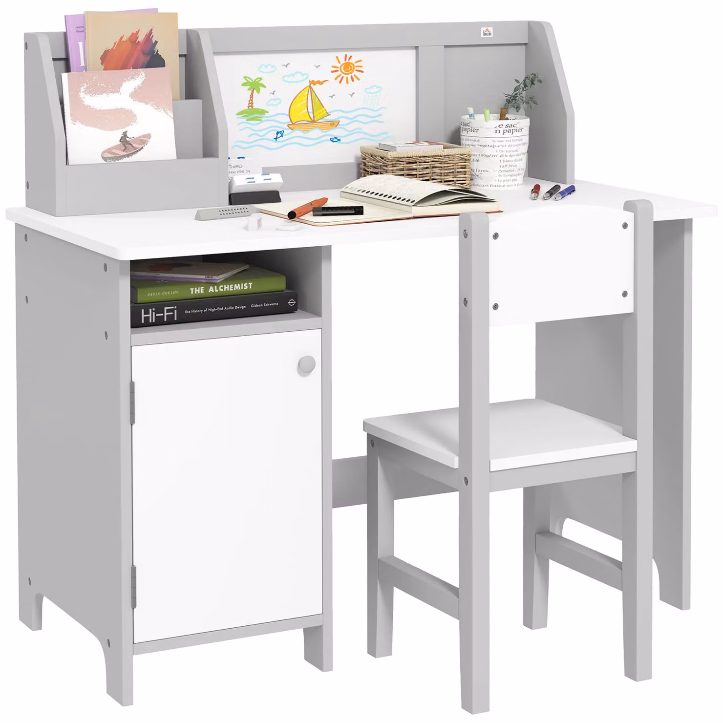 HOMCOM Kids Table and Chair Set with Whiteboard in Grey and White – 2