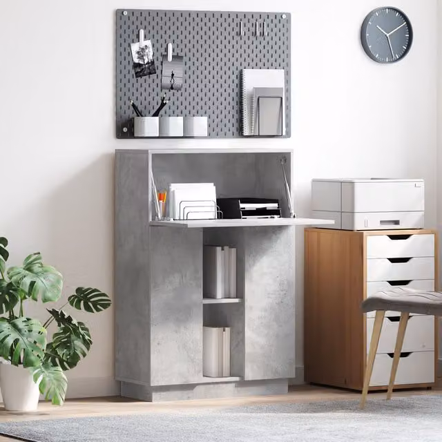 Berkfield Home Modern Concrete Grey Computer Desk with Enclosed Cabinet Storage
