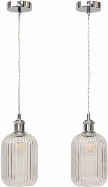 First Choice Lighting Batley Set of 2 Retro Pendant Fittings with Transparent Ribbed Glass and Chrome Finish – 1