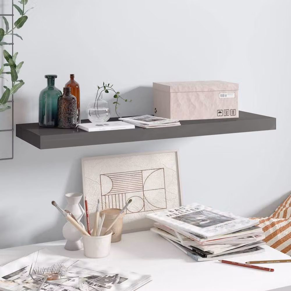 Berkfield Home Durable Floating Wall Shelf in High Gloss Grey, W: 80 cm, D: 23.5 cm, H: 3.8 cm – 2