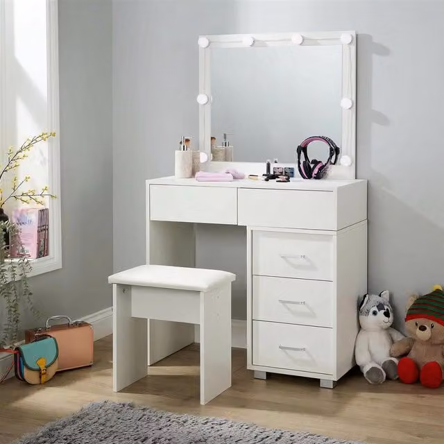 Home Source Glamour White Dressing Table with LED Mirror, 3 Drawer Unit and Stool, W/D/H: 120 x 40 x 80 cm