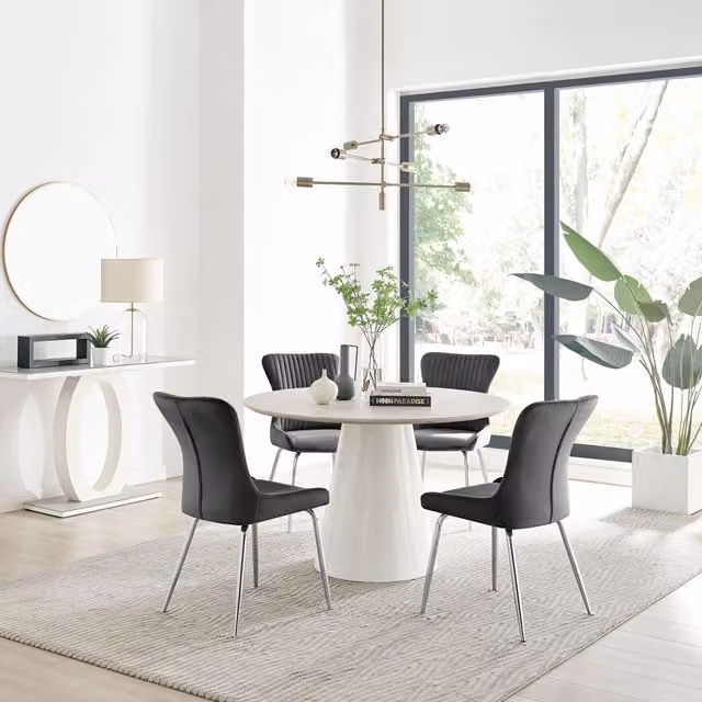 Furniturebox Palma Beige Stone Effect Round Dining Table and 4 Nora Silver Leg Chairs in Dark Grey