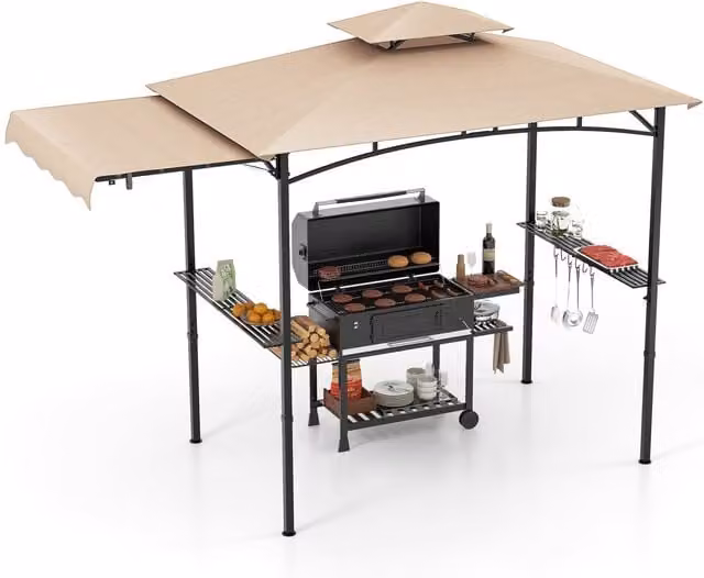 Costway Grill Gazebo Outdoor Barbecue Canopy Tent with Side Awning, Beige, W: 318 cm, D: 153 cm, H: 250 cm – 1