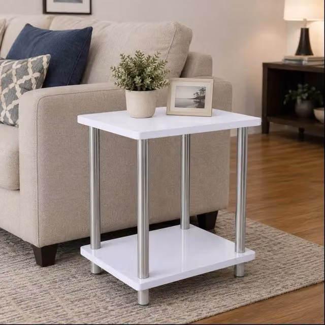 FORGEVIO White Gloss 2 Tier Modern Side Table with Metal Legs – 1