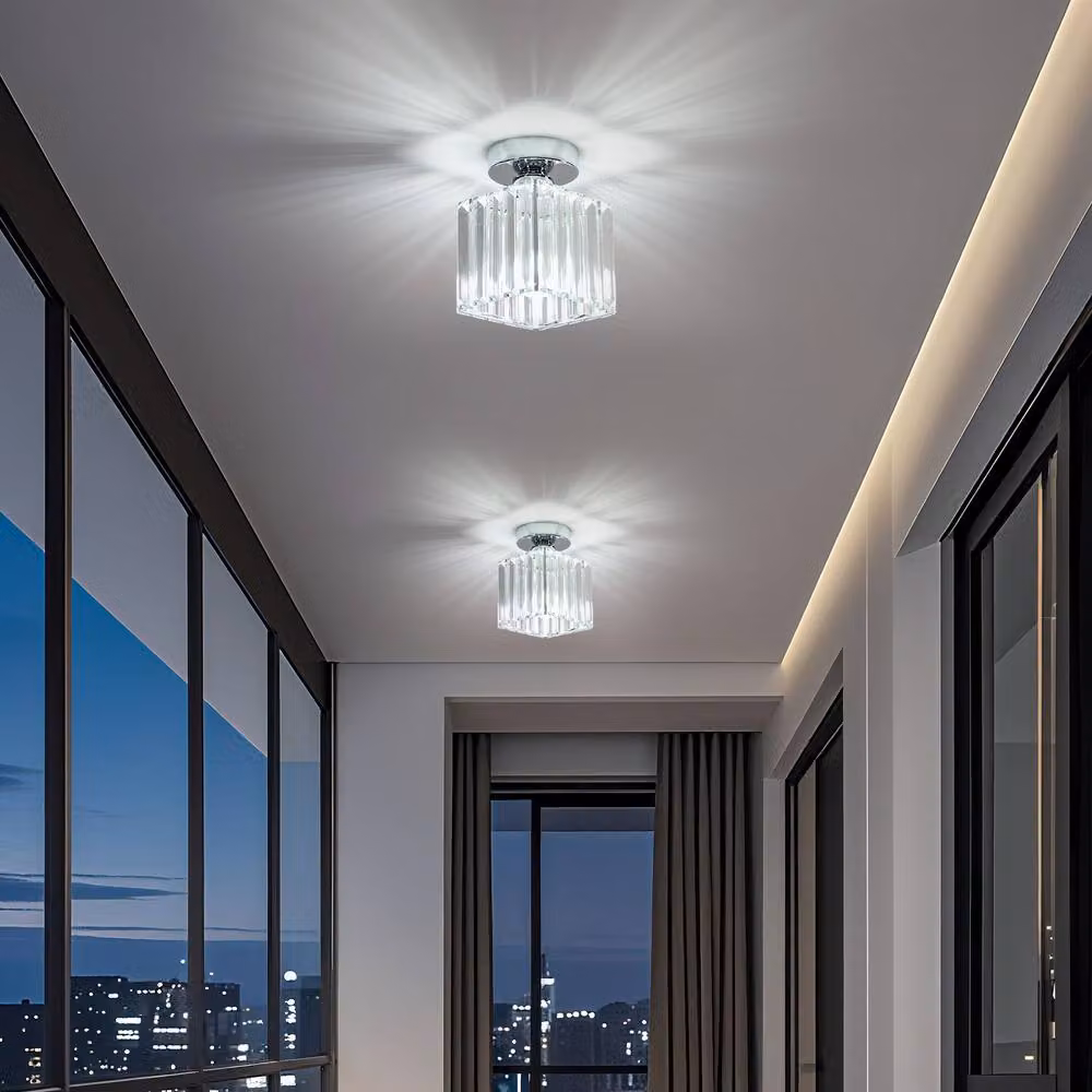 Goeco Square Crystal Semi Flush Mount Ceiling Light in Silver with E27 Socket – 3