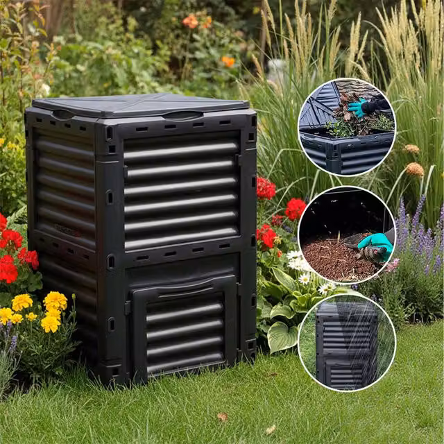 Breeins 300L Black Plastic Garden Compost Bin with Flip Lid