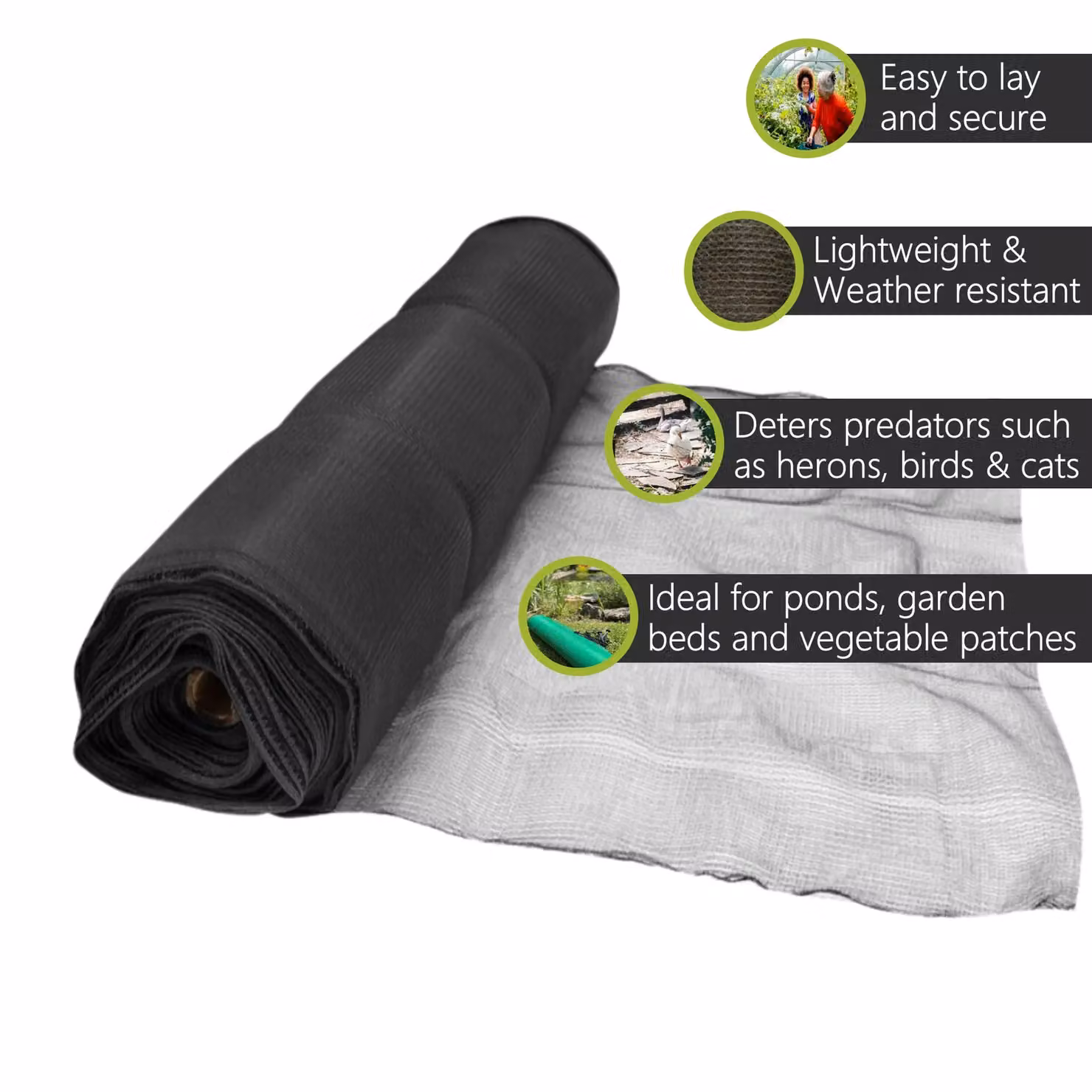 Pegdev Black UV-Stabilised Protective Pond Netting for Fish and Garden Safety, 18m – 2