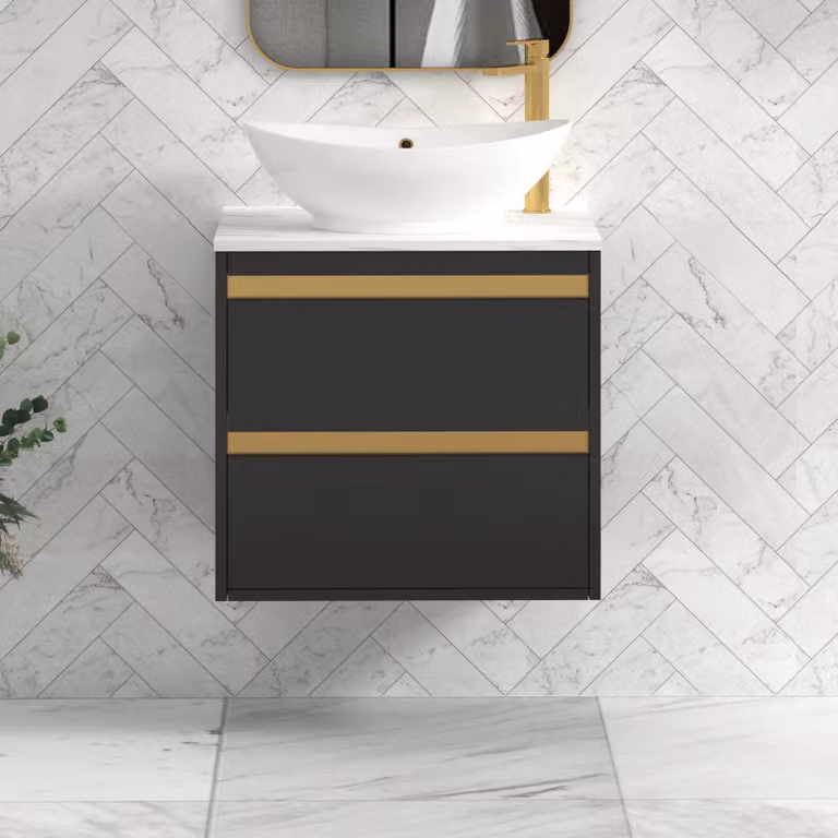 Royal Bathrooms Orion 600mm Wall Hung Matt Obsidian Black Vanity Unit with Amaze Basin and Brushed Brass Accent Trim