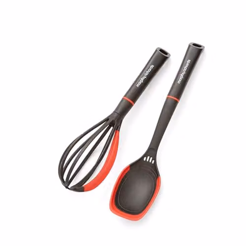 Morphy Richards Whisk and Solid Spoon Set in Black and Red, Heat Resistant Nylon and Silicone Utensils with Built-in Scraper, Herb Stripper and Measuring Spoon