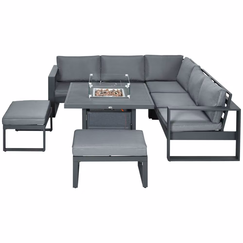 STILVORA 7-Seater Modern Grey Sofa Set with Metal Fire Pit Table – 3