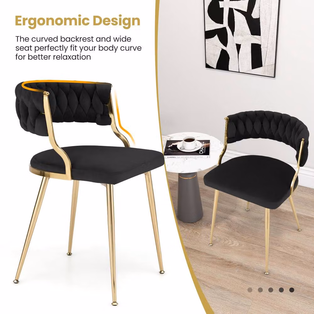 Costway Set of 2 Black Velvet Upholstered Armless Dining Chairs with Woven Back and Gold Metal Legs – 6