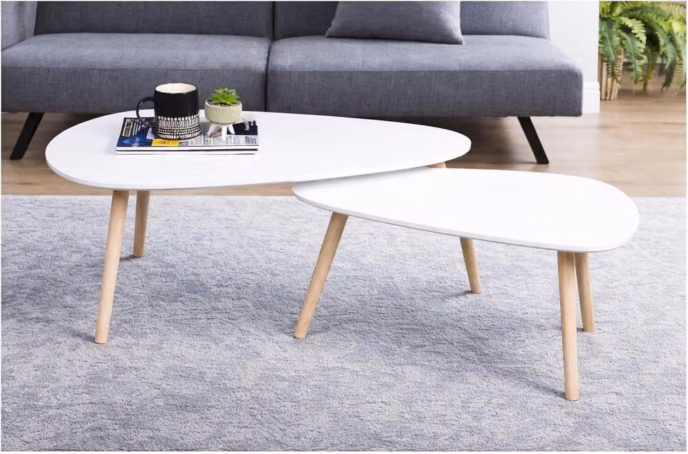 SPOT ON DEALZ Nest of 2 White Modern Tear Drop Coffee Tables with MDF Tops and Pine Wood Legs W/D/H: 100 x 50 x 40 cm and 50 x 40 x 40 cm – 4