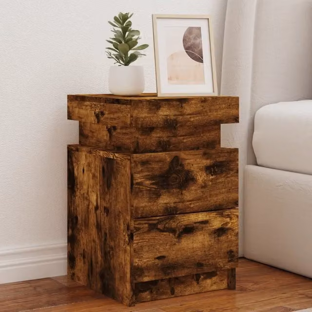Berkfield Home Set of 2 Modern Bedside Cabinets with Integrated LED Lights in Smoked Oak Brown, W/D/H: 35 x 39 x 55 cm – 1