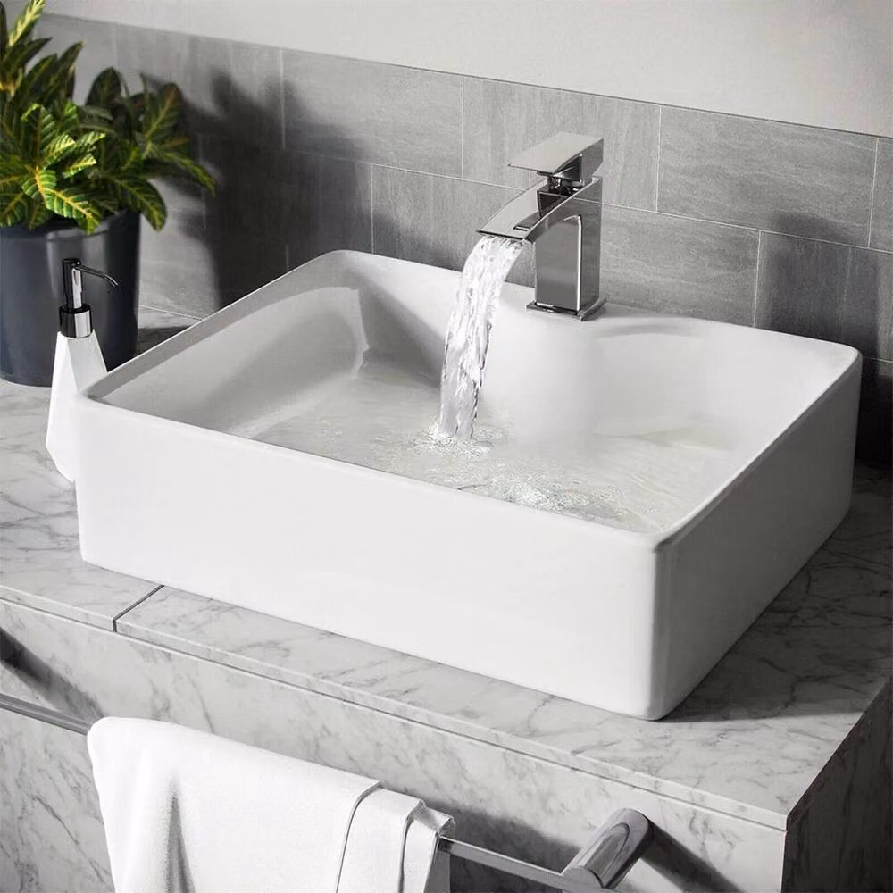 PAWNORA Rectangular Ceramic Bathroom Countertop Wash Basin, White, W: 48.5 cm, D: 37.5 cm, H: 13.5 cm – 2