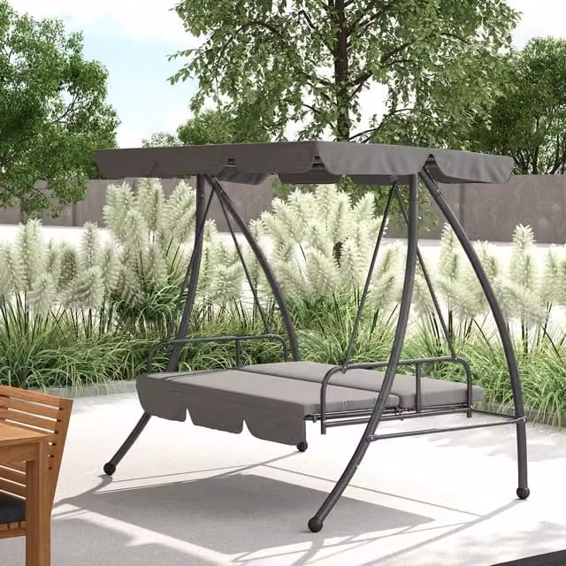Outsunny 3 Seater Garden Hammock Bed with Sun Canopy and Cushions, Light Grey