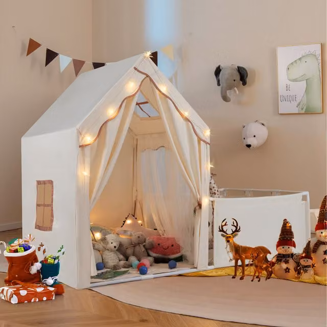Costway Kids Play Tent and Playpen in White Cotton
