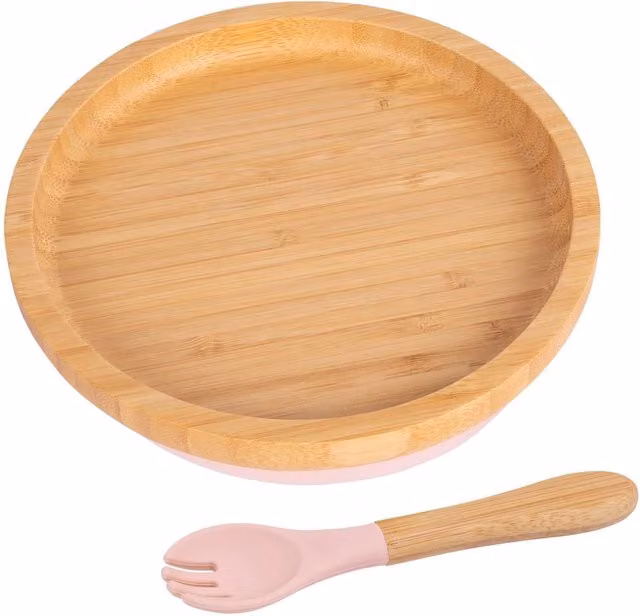 Tiny Dining Bamboo Round Baby Weaning Plate and Fork Set in Baby Pink