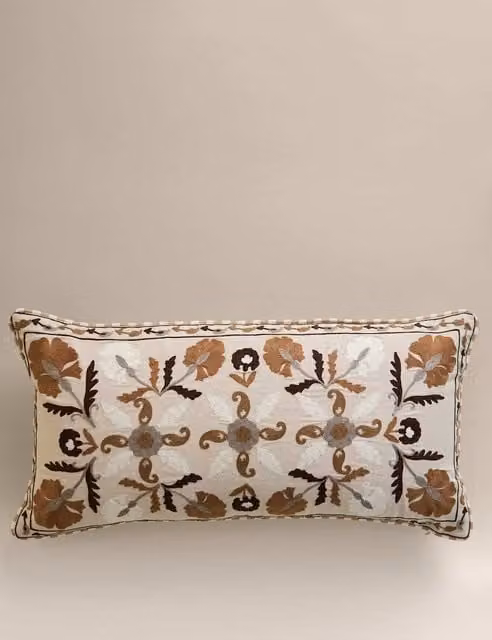 M&S Floral Embroidered Cotton Bolster Cushion in Multicolour