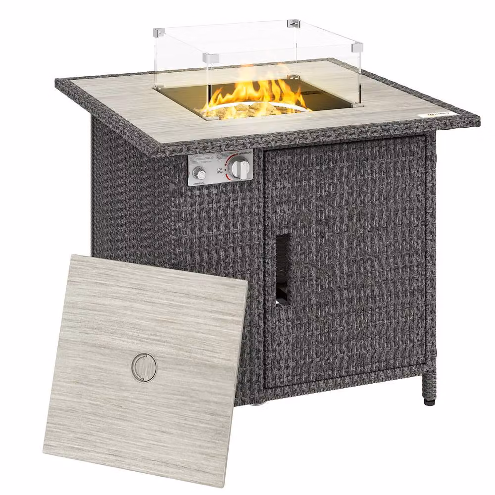 OUTSUNNY Grey Polyrattan Gas Fire Pit Table with Glass Top and Weather Cover, W/D/H: 142 x 71 x 62 cm – 2