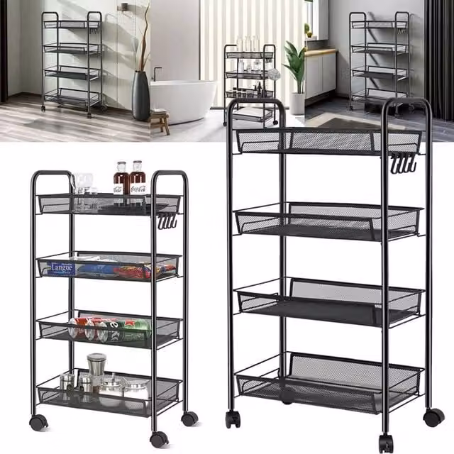 SPETLEK 4 Tier Metal Rolling Storage Trolley in Matt Black, W/D/H: 50 x 26 x 84 cm – 1