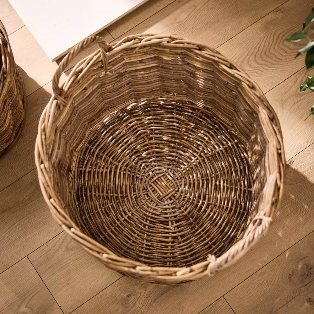 Dibor Traditional Round Rattan Log Basket with Handles, Grey, H: 35 cm, L: 48 cm, W: 48 cm – 3