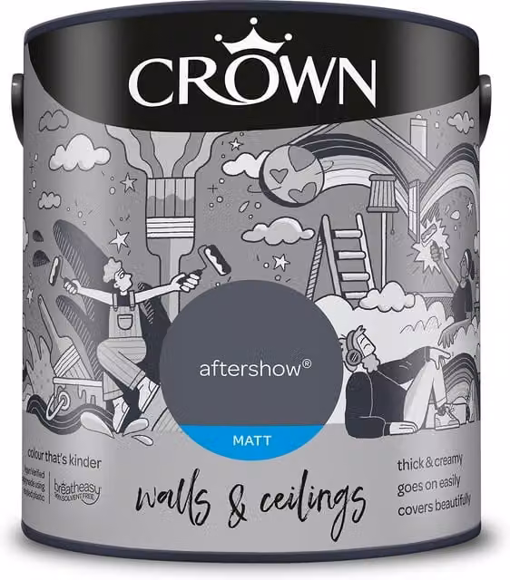 Crown Aftershow Matt Emulsion Wall and Ceiling Paint, Blue, Solvent-Free and Allergy-Friendly