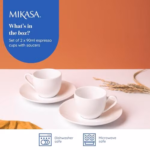 Mikasa Chalk Set of 2 White Porcelain Espresso Cups and Saucers, 90ml – 2