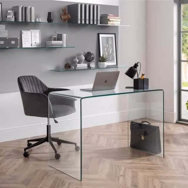 Julian Bowen Amalfi Desk and Kahlo Office Chair Set in Grey with Glass Top