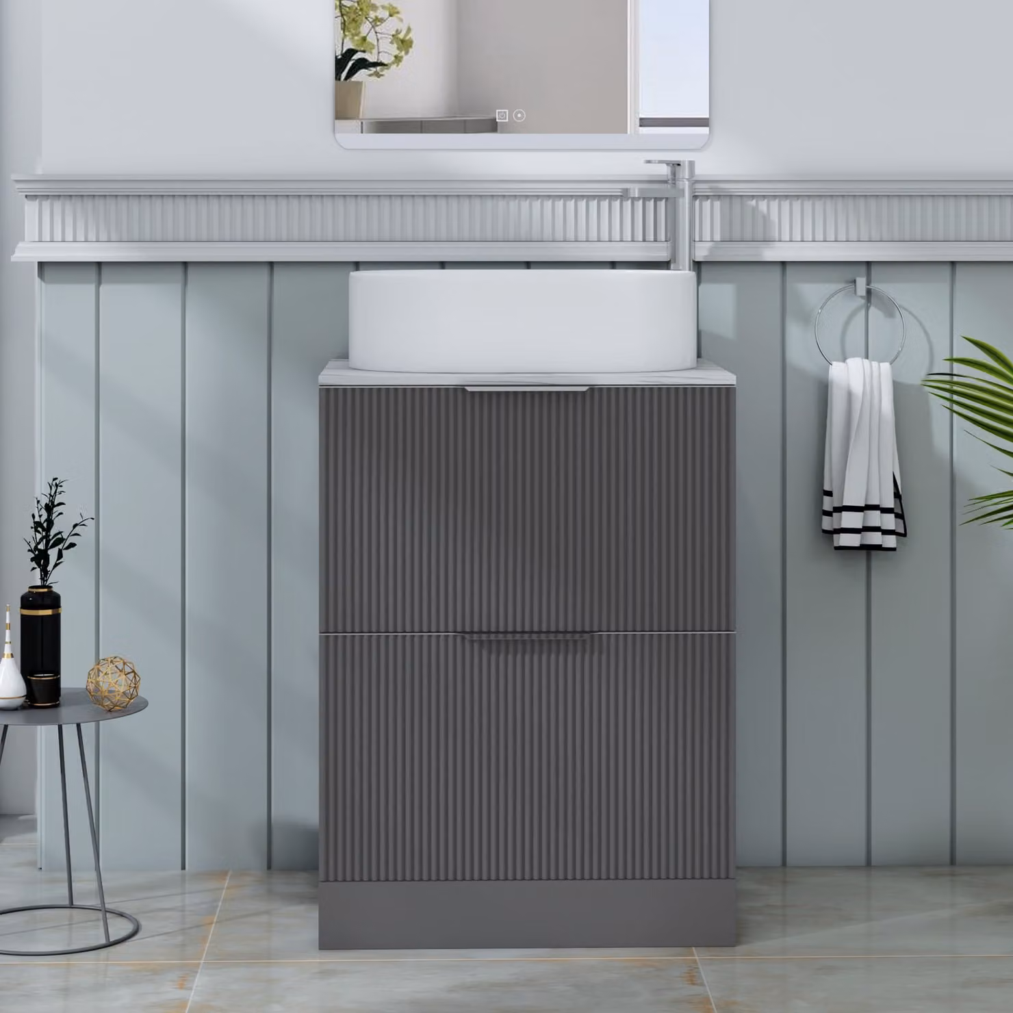 Royal Bathrooms Evora 600mm Graphite Grey Fluted Floor Standing Countertop Vanity Unit with 2 Drawers and Peak Basin