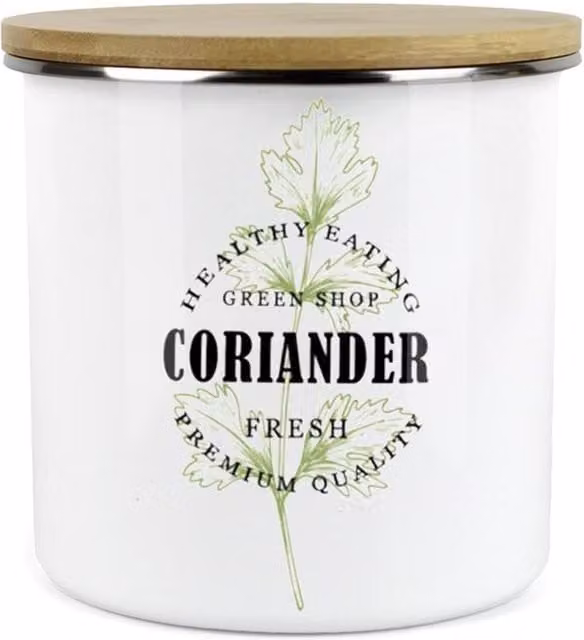 Purely Home Green Label Herbs Storage Canister - Coriander - White and Green Enamel Metal