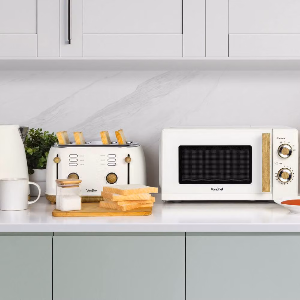 VonShef Fika Kitchen Appliance Set with 1.7L Kettle, 4 Slice Toaster and 20L Microwave in Cream