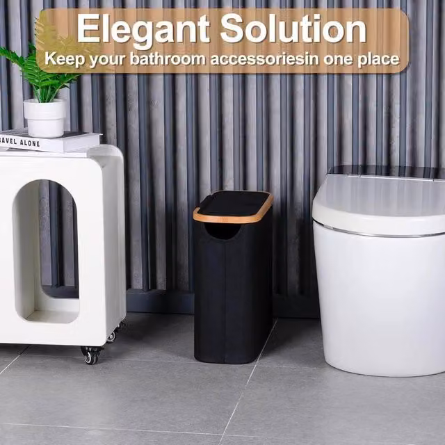 KORVIXA Black Bamboo Toilet Roll Storage Box and Spare Roll Holder with Handles – 1
