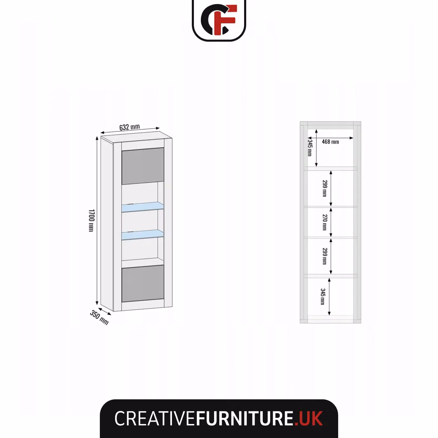 Mex Furniture LTD Modern Black Glossy Display Cabinet with LED Lighting and Glass Doors, H 170 x W 63 x D 35 cm – 4
