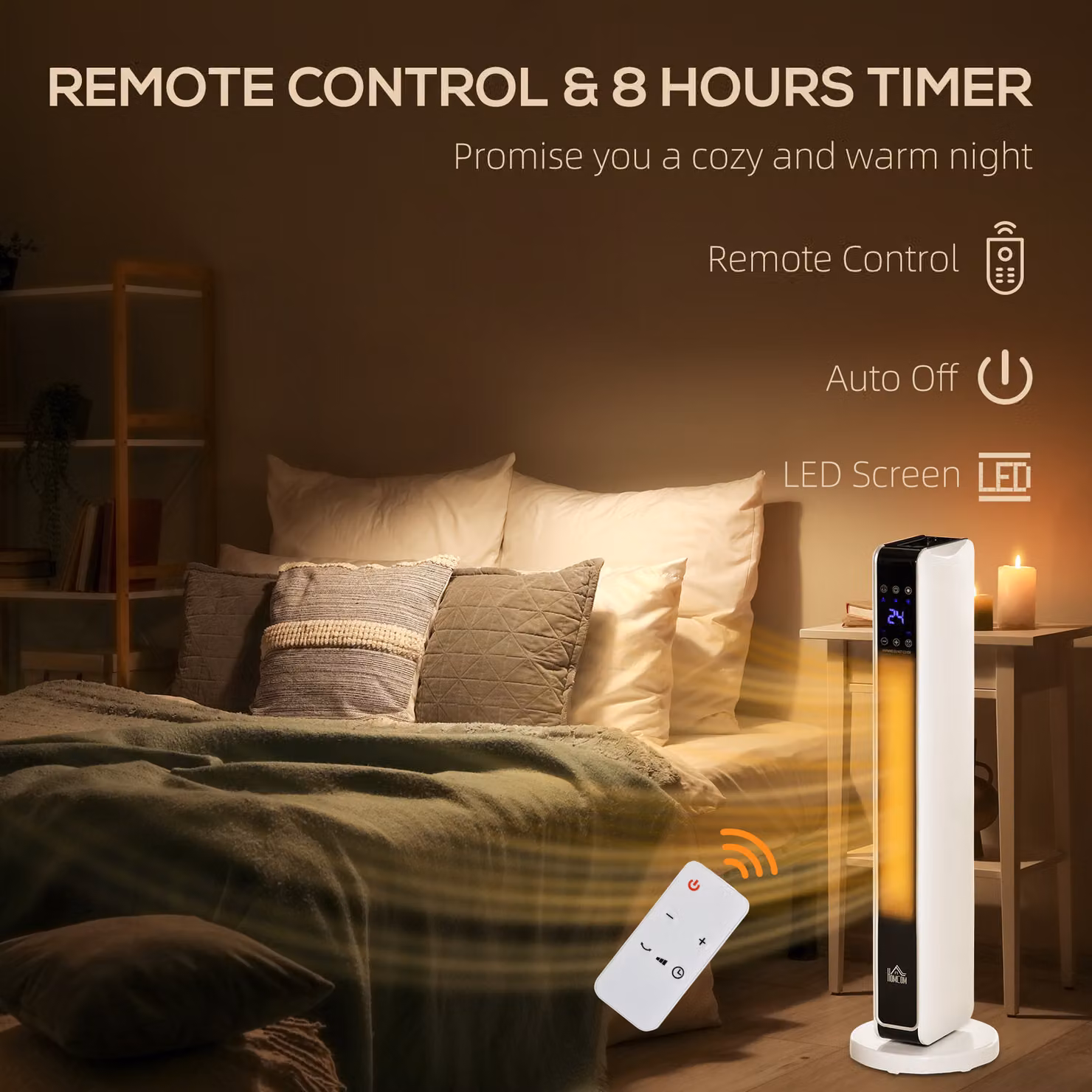 HOMCOM White Ceramic Tower Fan Heater with Remote Control and Timer – 5