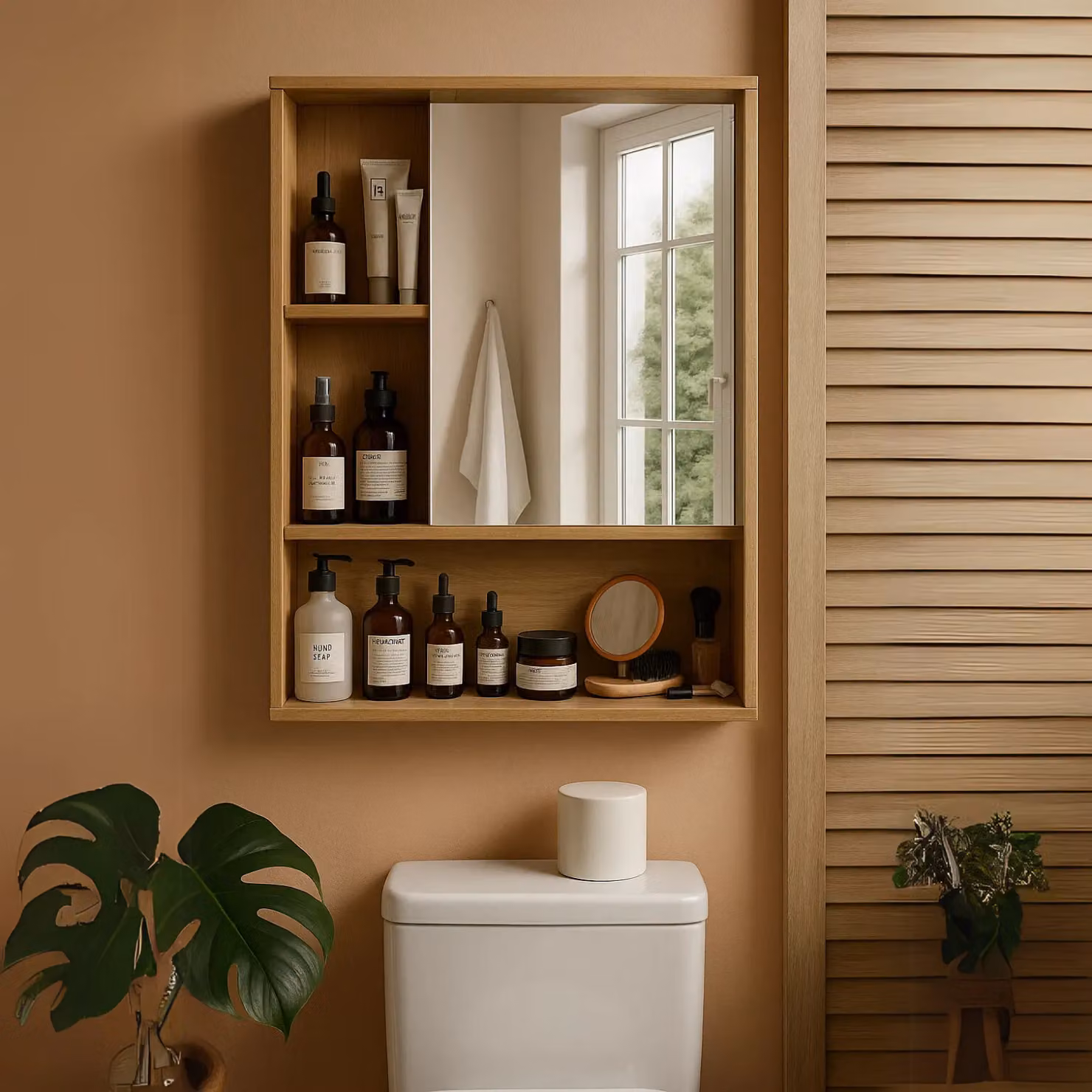 FURNOS Bamboo Wooden Wall Mounted Bathroom and Kitchen Storage Cabinet with Mirror and Soft Close Hinged Doors in Brown – 3