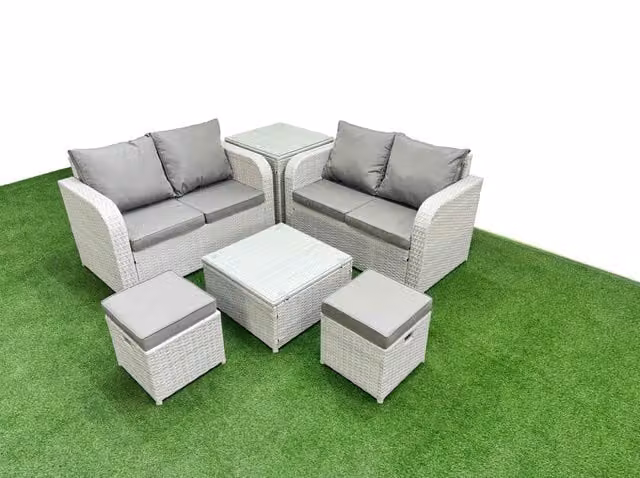 Fimous 6 Seater Rattan Garden Furniture Set in Light Grey with Coffee Table and Ottomans