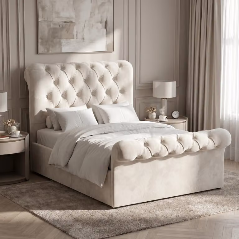 DHS Chesterfield Ottoman Storage Bed Frame with Side Lift Base in Beige Velvet, W/D/H: 120 x 200 cm