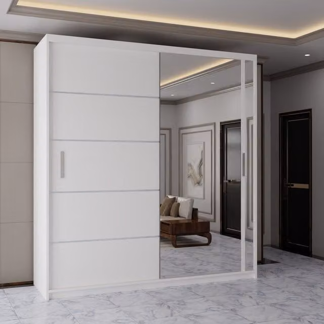 Sliding Wardrobes 4U Contemporary 2-Door White Sliding Wardrobe with Mirror Door W: 203 cm, H: 217 cm