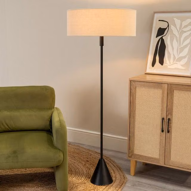 ValueLights Mitch Natural Linen Triangle Floor Lamp with Black Wood Base