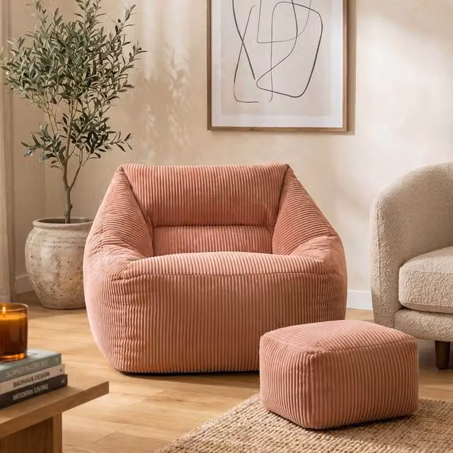 icon Bean Bag Armchair and Footstool Jumbo Cord Bundle in Pink, Medium