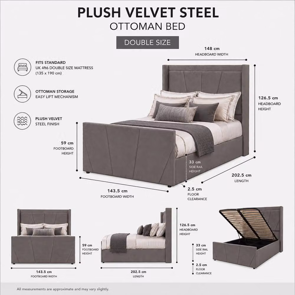 Harmin Luxury 4ft6 Double Ottoman Winged Bed in Dark Grey Plush Velvet with Lift Up Base, W/D/H: 140 x 200 x 126.5 cm – 2