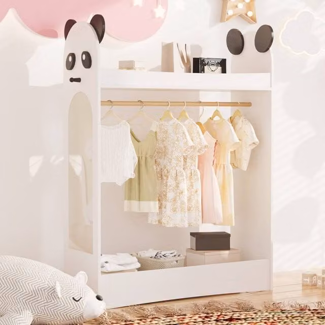 KEEPREAPER Modern White Kids Wardrobe with Mirror, Hanging Rod and Integrated Drawers