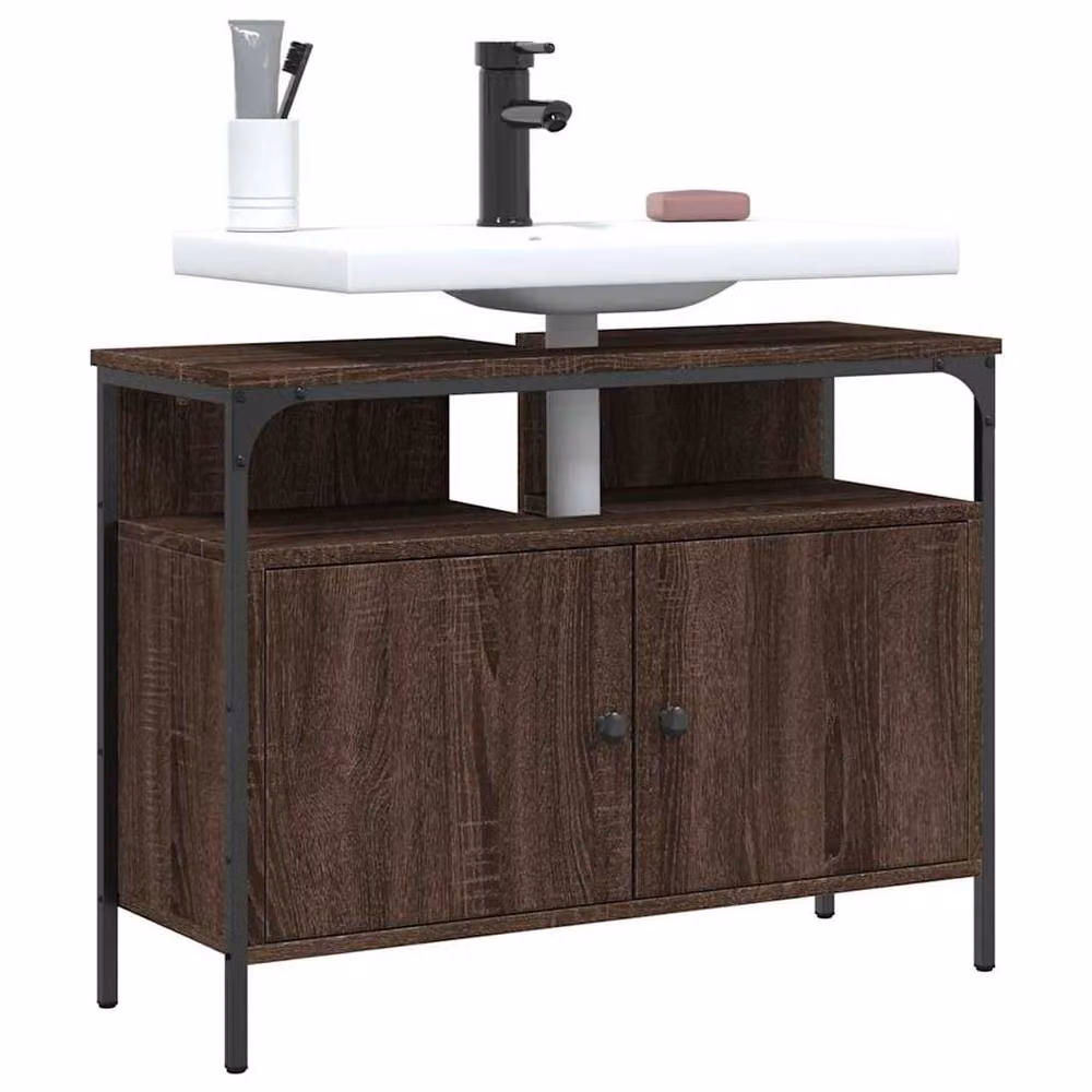Berkfield Home Sturdy Bathroom Sink Cabinet in Brown Oak, W/D/H: 80 x 30 x 60 cm – 2